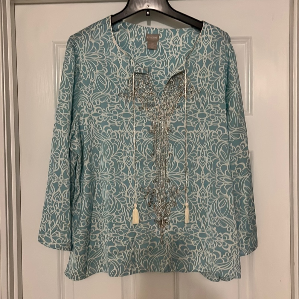 I ladies Chicos three petite spring summer top with embroidery new with tags